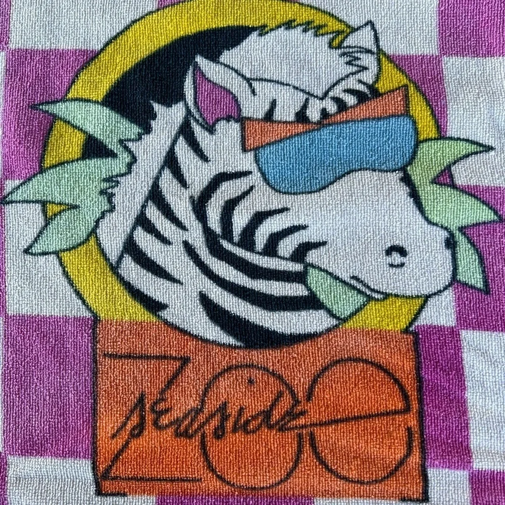 VTG 90s Seaside Zoo Checkered Beach Towel A La Carte Saydah Surf Penguin Zebra